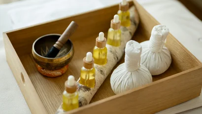 Holztablett mit Aromaflaschen, Massagebällen und Klangschale auf einer Liege