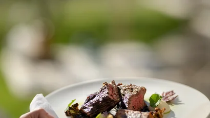 Vorspeise mit gegrilltem Fleisch und Gemüse auf weißem Teller im Freien