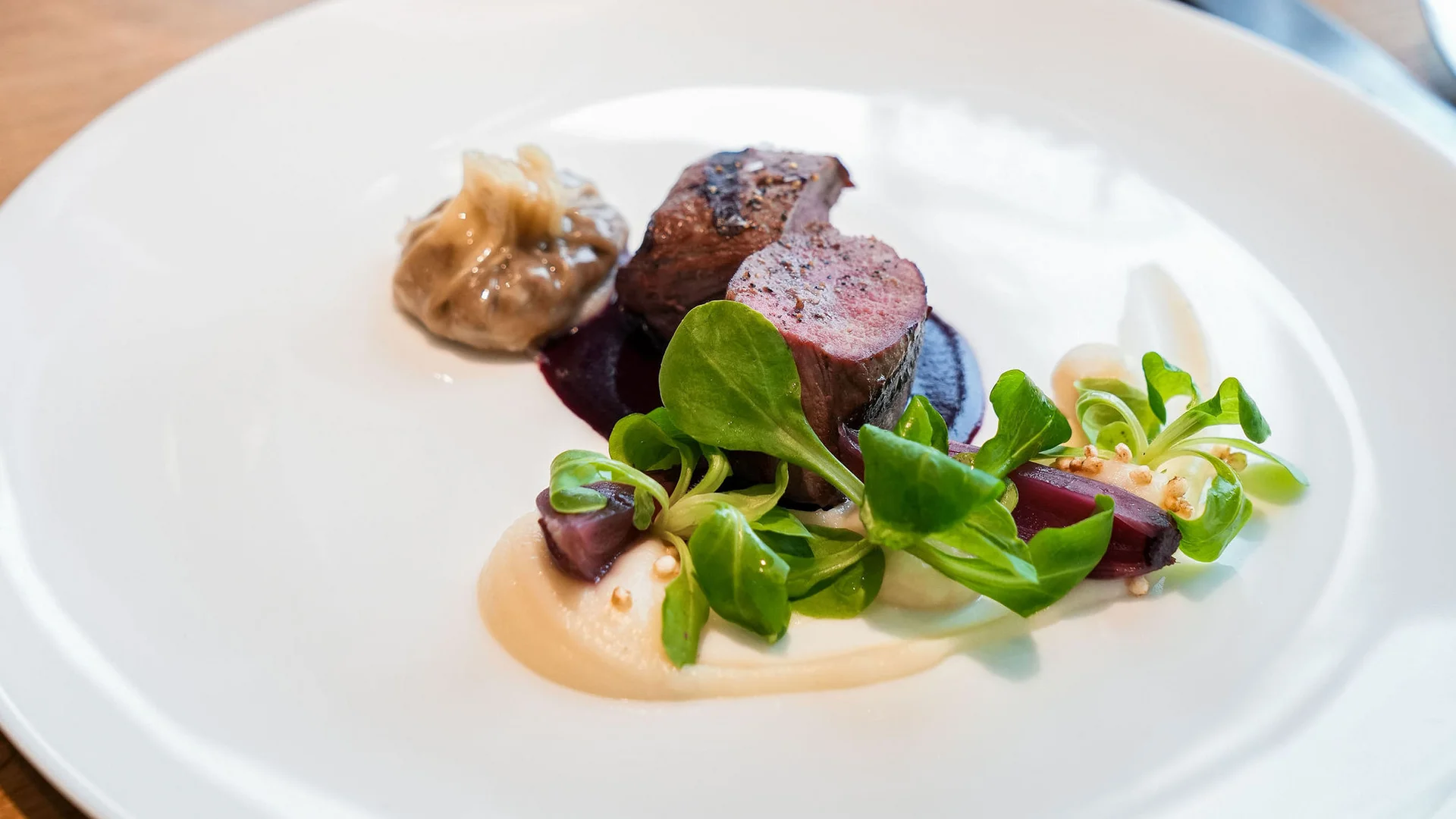 Fein angerichtetes Gericht mit Fleisch, Sauce und Salat auf weißem Teller