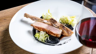 Elegantes Gericht mit gegrilltem Fleisch, schwarzem Püree und Salat auf weißem Teller
